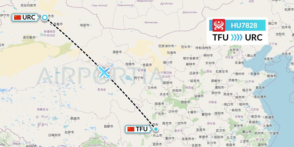 HU7828 Hainan Airlines Flight Map: Chengdu to Urumqi