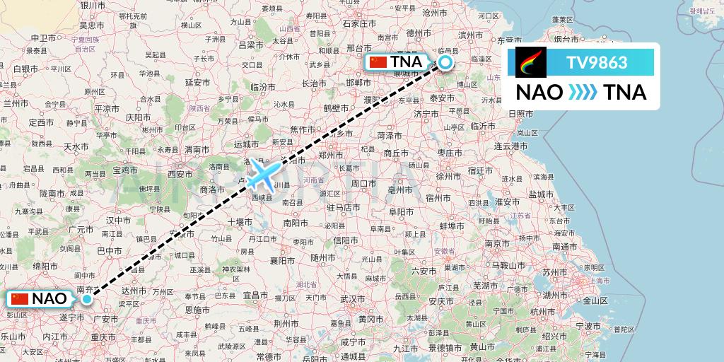 TV9863 Tibet Airlines Flight Map: Nanchong to Jinan