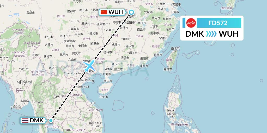 FD572 Thai AirAsia Flight Map: Bangkok to Wuhan