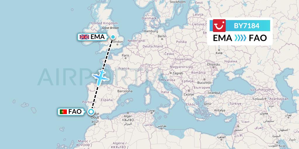 BY7184 TUI Airways Flight Map: East Midlands to Faro