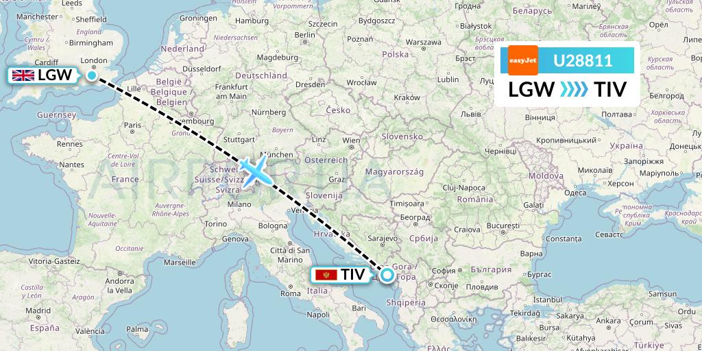 U28811 EasyJet Flight Map: London to Tivat