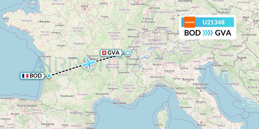U21348 EasyJet Flight Map: Bordeaux to Geneva