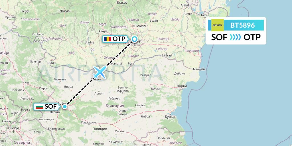 BT5896 Air Baltic Flight Map: Sofia to Bucharest