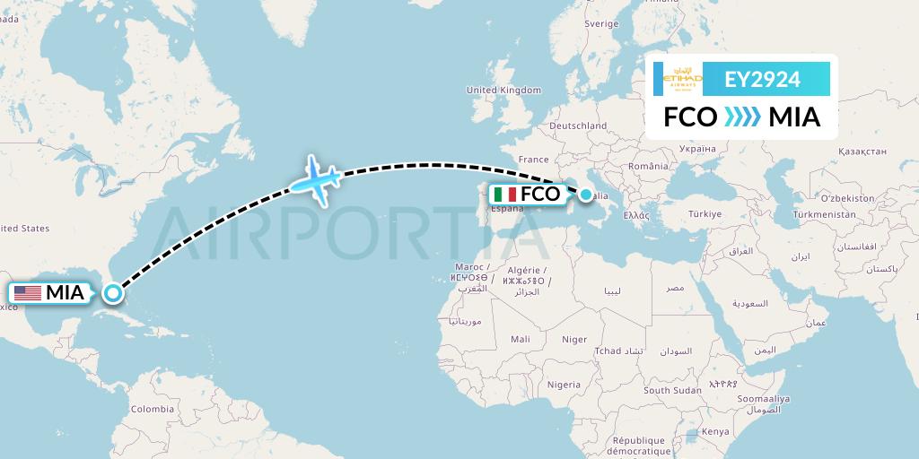 EY2924 Etihad Airways Flight Map: Rome to Miami