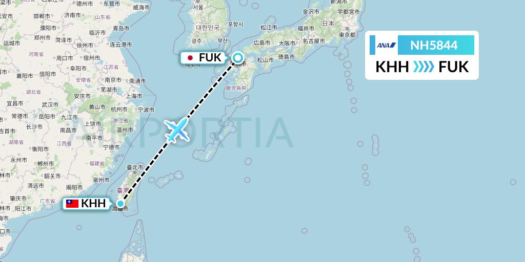 NH5844 All Nippon Airways Flight Map: Kaohsiung to Fukuoka