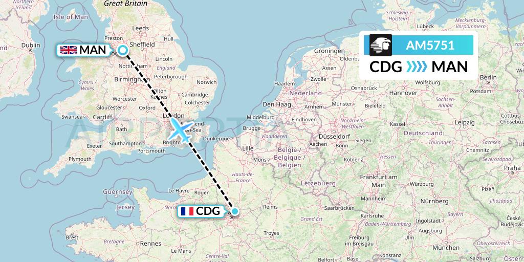 AM5751 Aeromexico Flight Map: Paris to Manchester