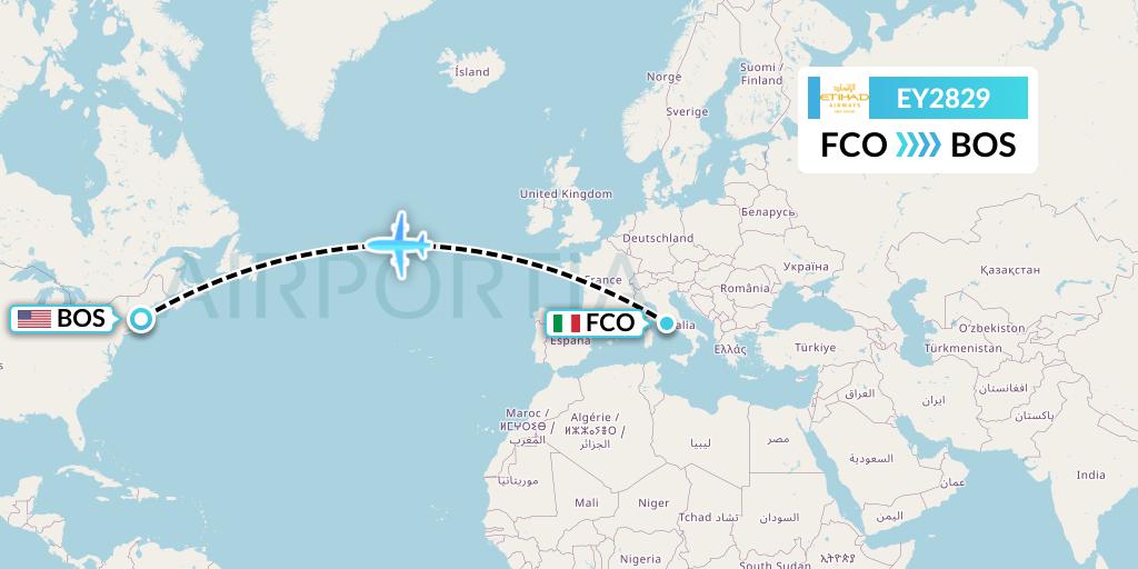 EY2829 Etihad Airways Flight Map: Rome to Boston