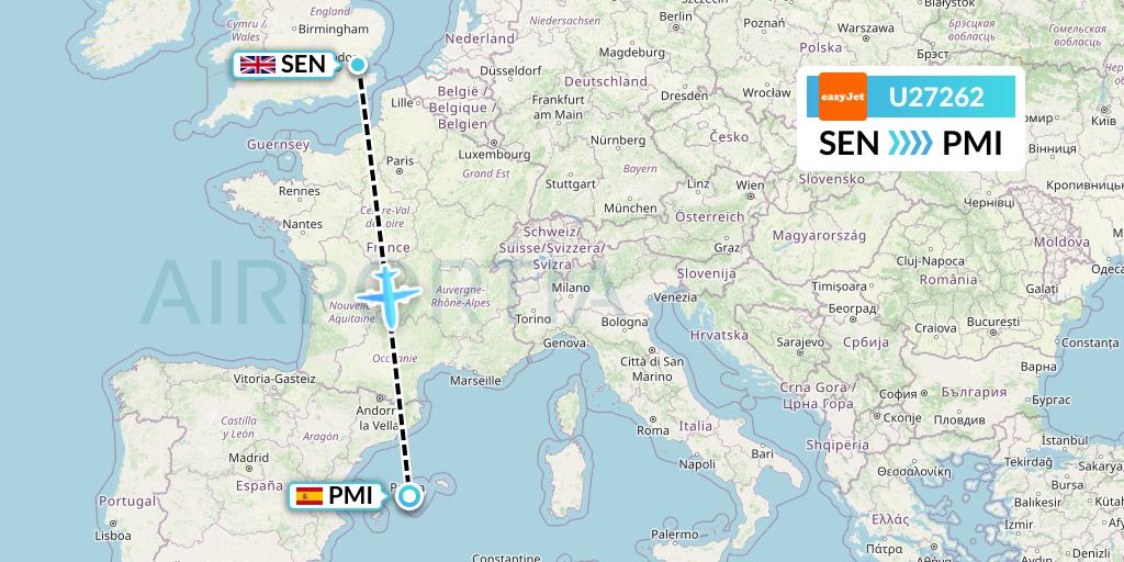 U27262 EasyJet Flight Map: Southend to Palma de Mallorca