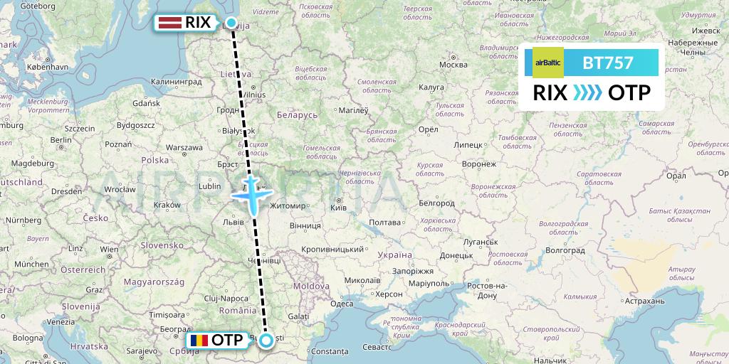 BT757 Air Baltic Flight Map: Riga to Bucharest