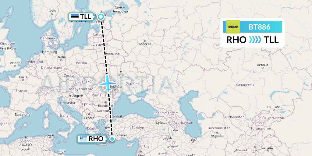 BT886 Air Baltic Flight Map: Rhodes to Tallinn