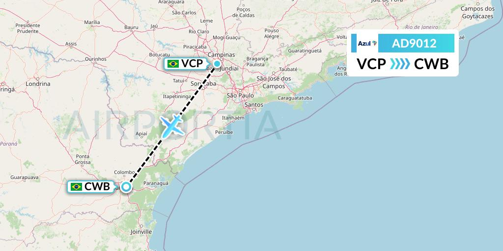 AD9012 Azul Brazilian Airlines Flight Map: Campinas to Curitiba