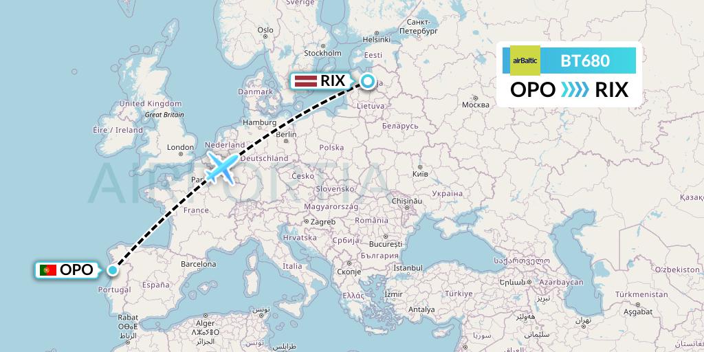 BT680 Air Baltic Flight Map: Porto to Riga
