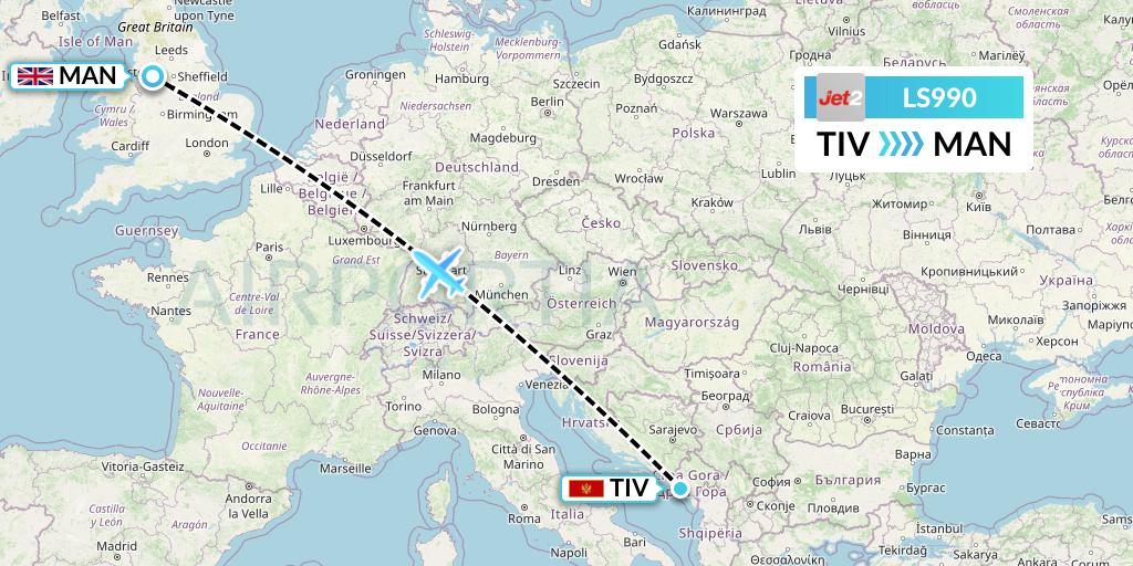 LS990 Jet2 Flight Map: Tivat to Manchester