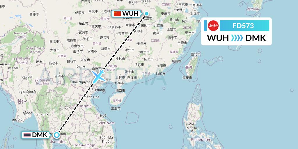 FD573 Thai AirAsia Flight Map: Wuhan to Bangkok