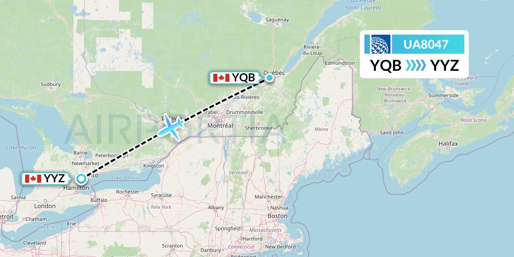 UA8047 United Airlines Flight Map: Quebec to Toronto