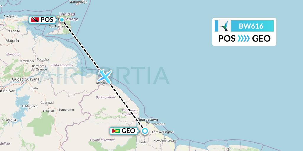 BW616 Caribbean Airlines Flight Map: Port of Spain to Georgetown