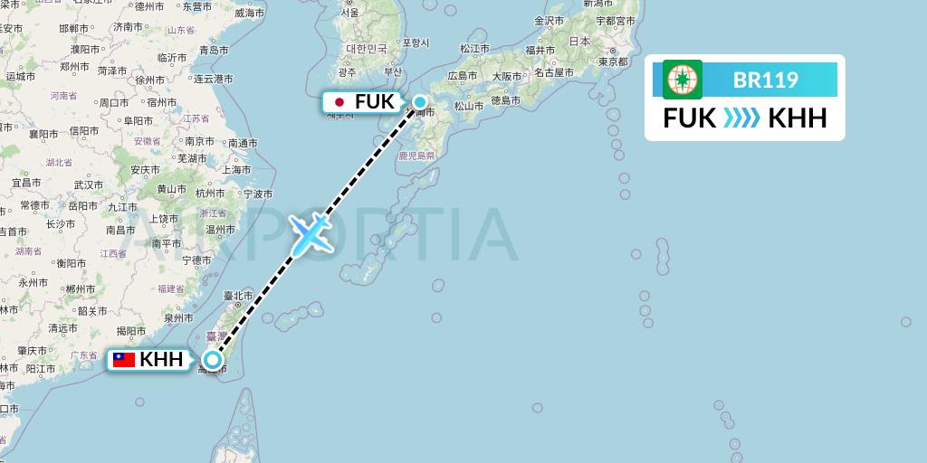BR119 EVA Air Flight Map: Fukuoka to Kaohsiung