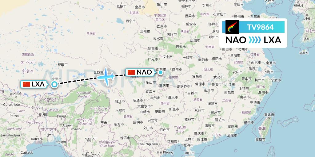 TV9864 Tibet Airlines Flight Map: Nanchong to Lhasa