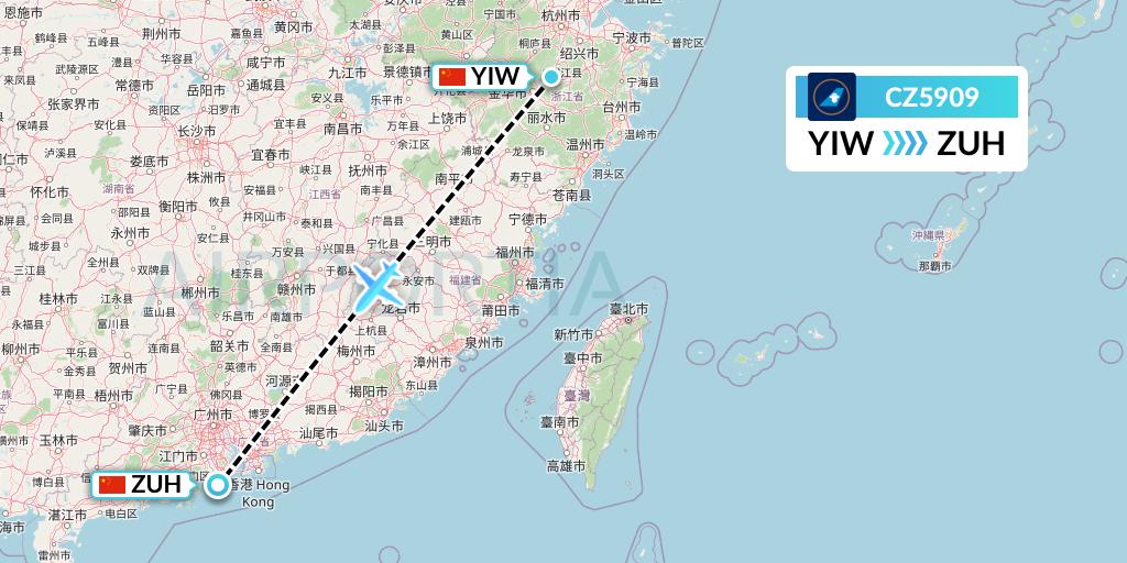 CZ5909 China Southern Airlines Flight Map: Yiwu to Zhuhai