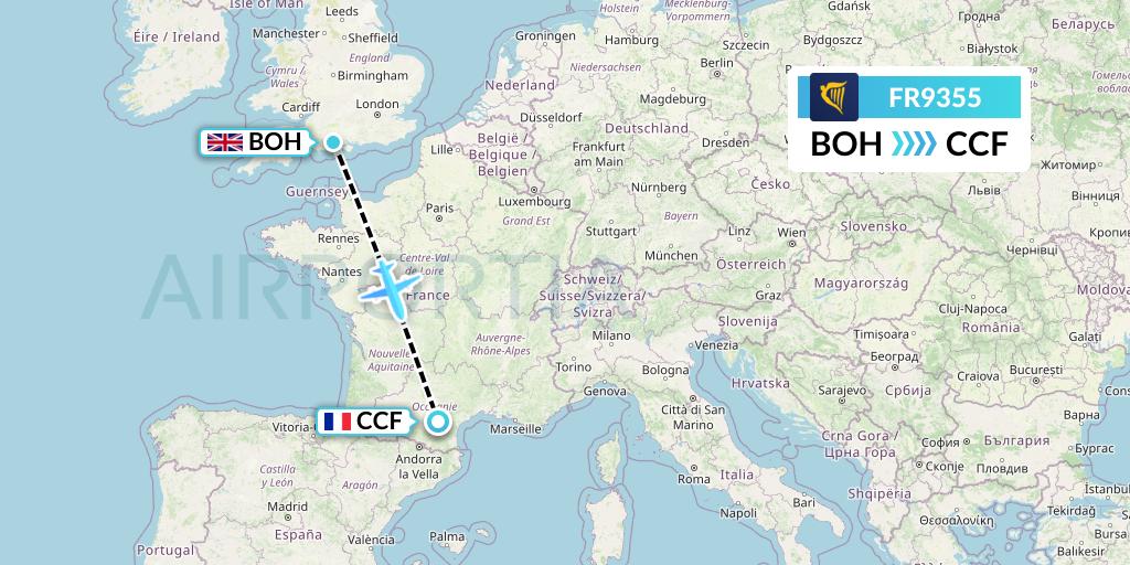 FR9355 Ryanair Flight Map: Bournemouth to Carcassonne