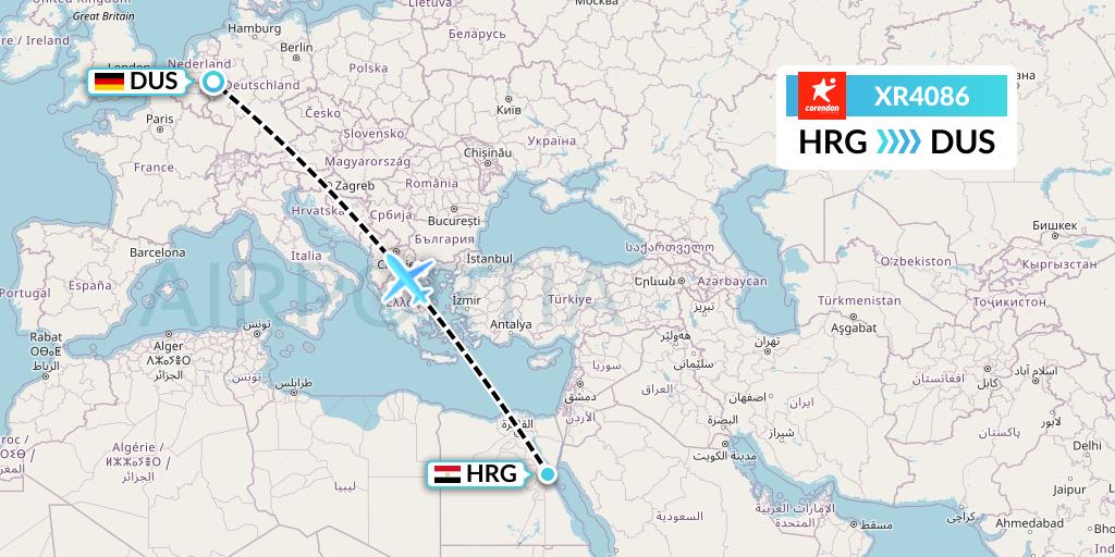 XR4086 Corendon Airlines Europe Flight Map: Hurghada to Dusseldorf