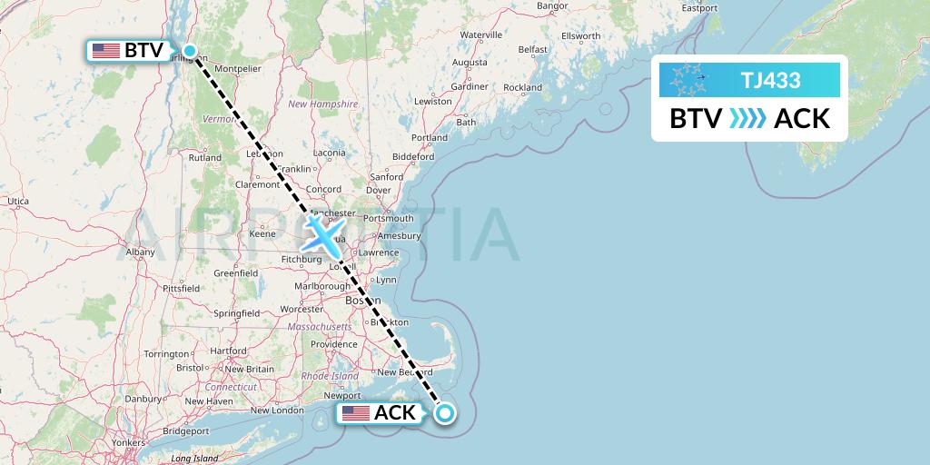 TJ433 Tradewind Aviation Flight Map: Burlington to Nantucket