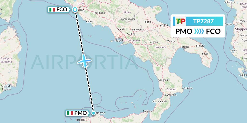 TP7287 TAP Portugal Flight Map: Palermo to Rome