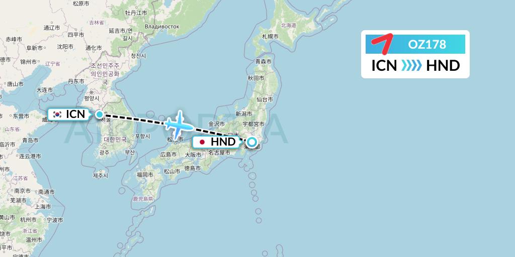 OZ178 Asiana Airlines Flight Map: Seoul to Tokyo