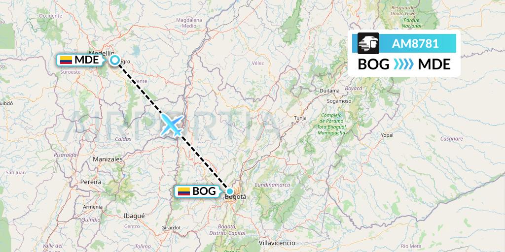AM8781 Aeromexico Flight Map: Bogota to Medellin