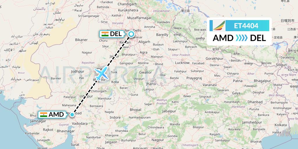 ET4404 Ethiopian Airlines Flight Map: Ahmedabad to Delhi