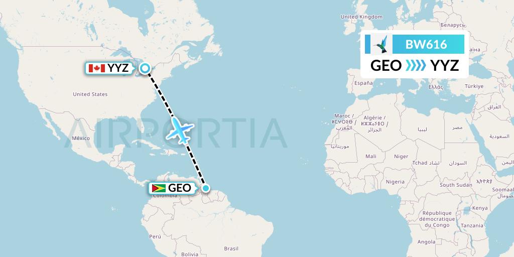 BW616 Caribbean Airlines Flight Map: Georgetown to Toronto