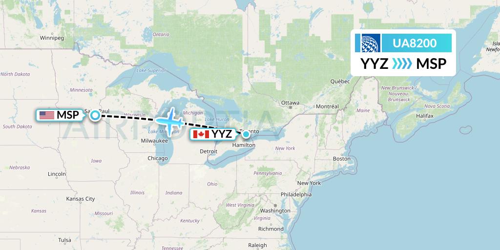 UA8200 United Airlines Flight Map: Toronto to Minneapolis