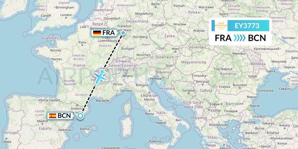 EY3773 Etihad Airways Flight Map: Frankfurt to Barcelona