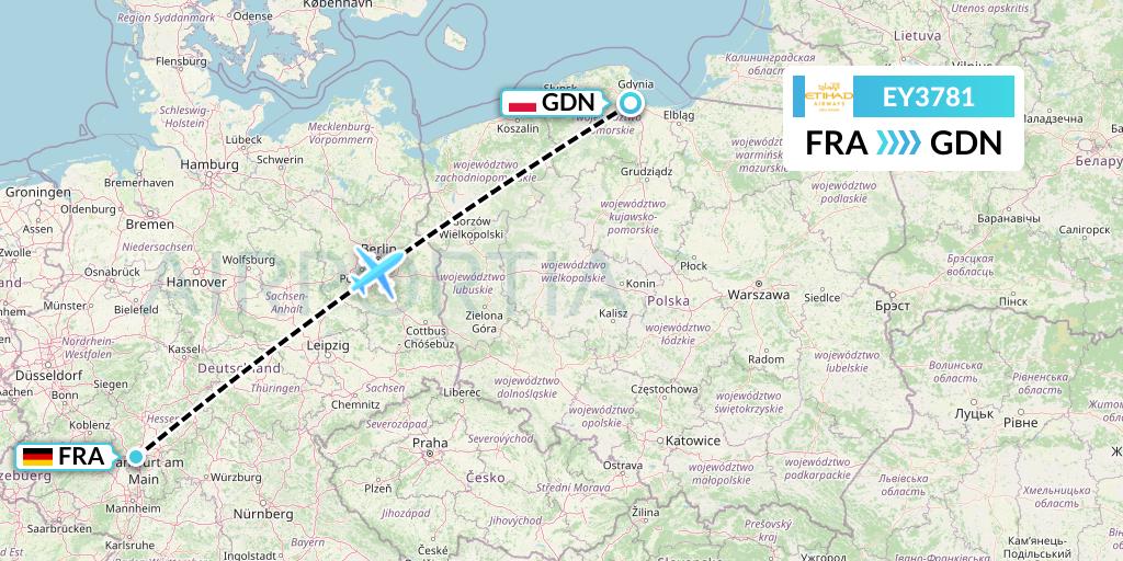 EY3781 Etihad Airways Flight Map: Frankfurt to Gdansk