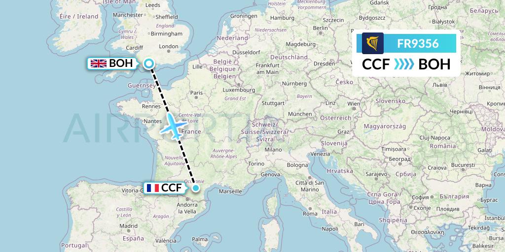 FR9356 Ryanair Flight Map: Carcassonne to Bournemouth