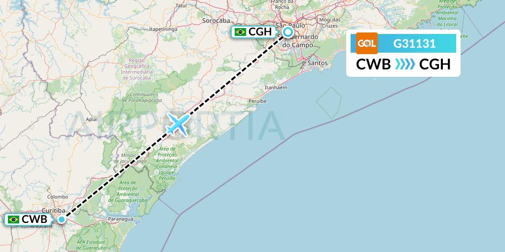 G31131 GOL Transportes Aeros Flight Map: Curitiba to Sao Paulo