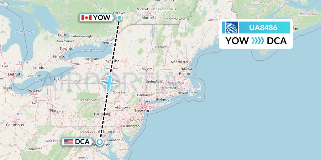 UA8486 United Airlines Flight Map: Ottawa to Washington