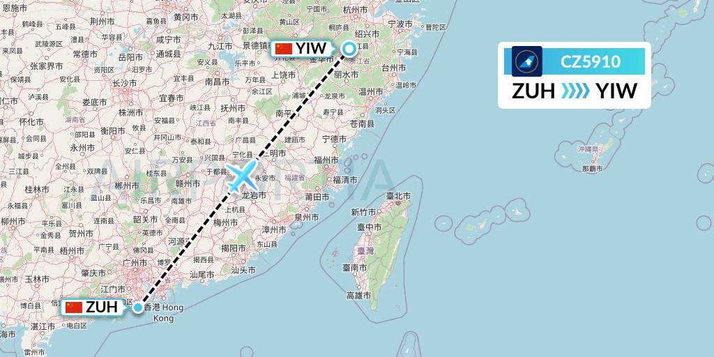CZ5910 China Southern Airlines Flight Map: Zhuhai to Yiwu