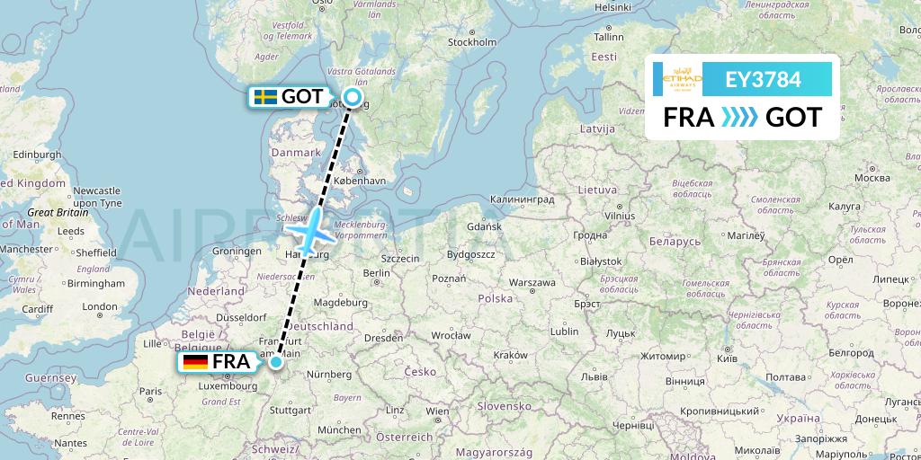 EY3784 Etihad Airways Flight Map: Frankfurt to Gothenburg