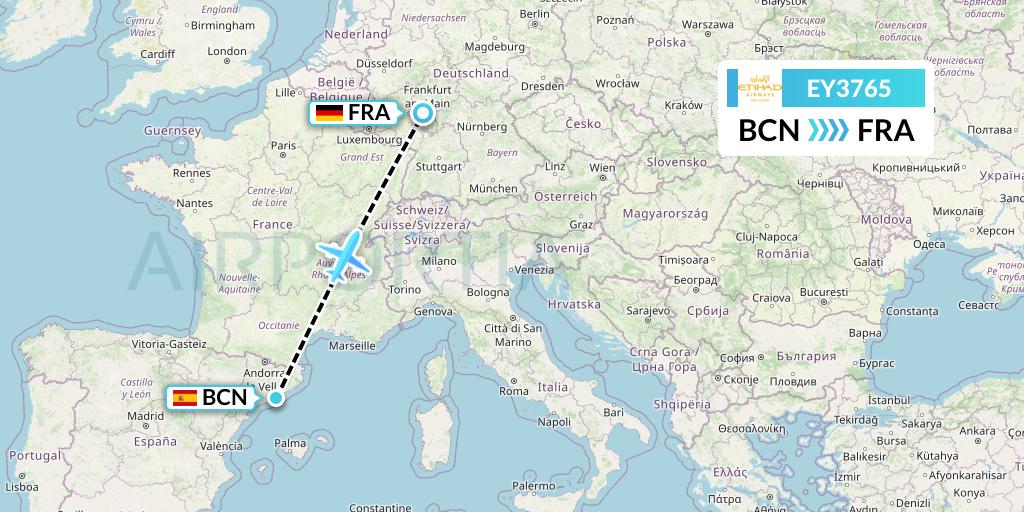 EY3765 Etihad Airways Flight Map: Barcelona to Frankfurt