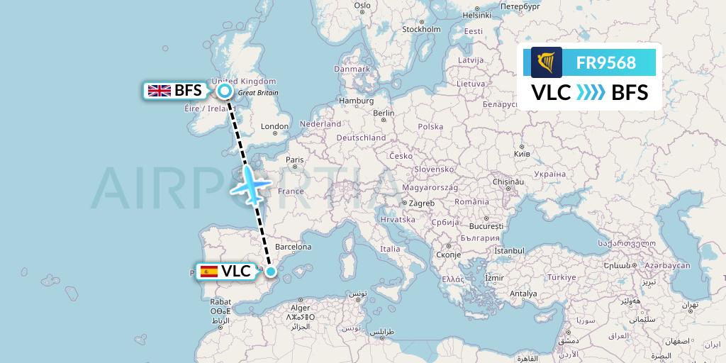 FR9568 Ryanair Flight Map: Valencia to Belfast