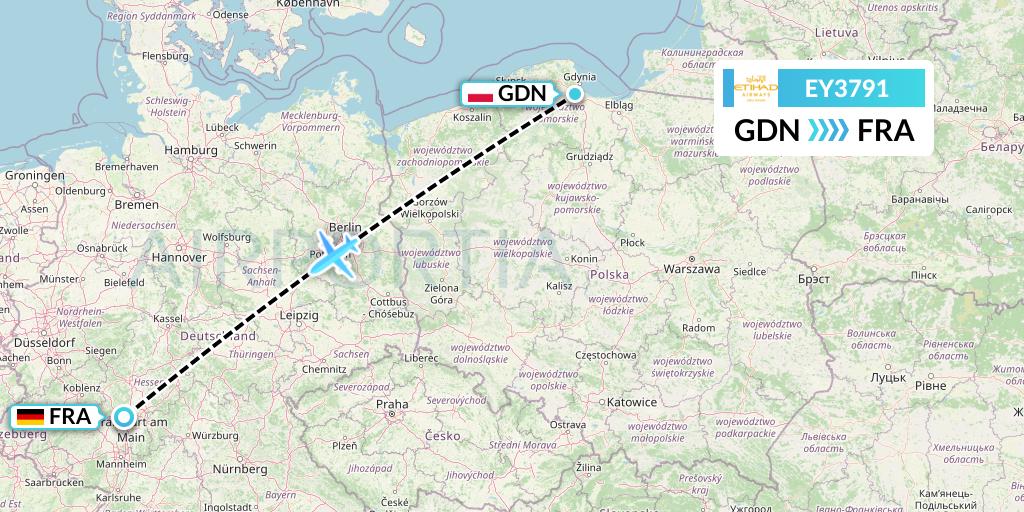 EY3791 Etihad Airways Flight Map: Gdansk to Frankfurt