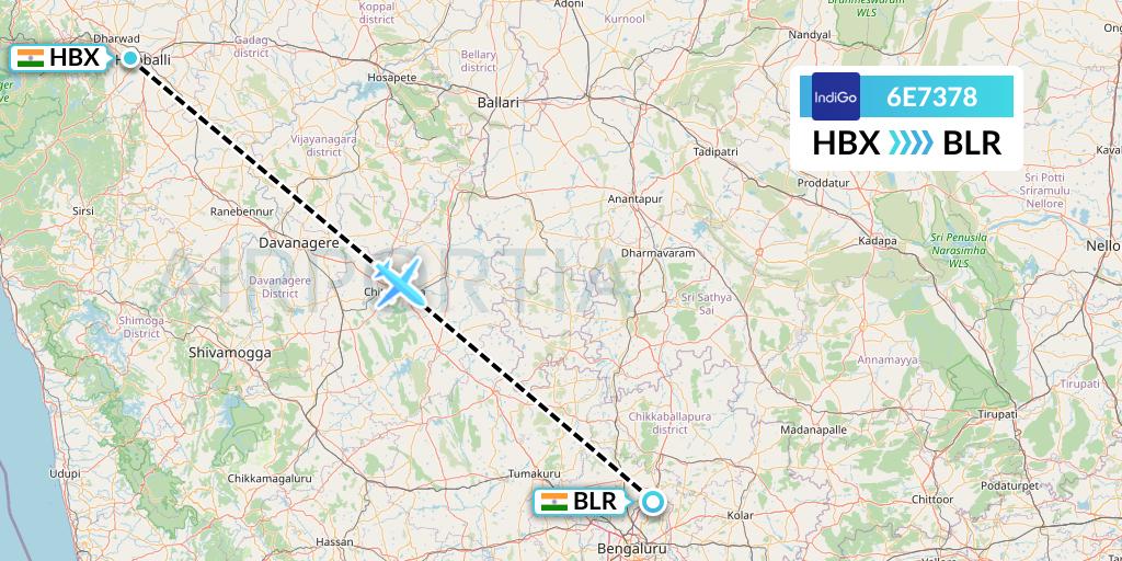 6E7378 IndiGo Airlines Flight Map: Hubli to Bangalore