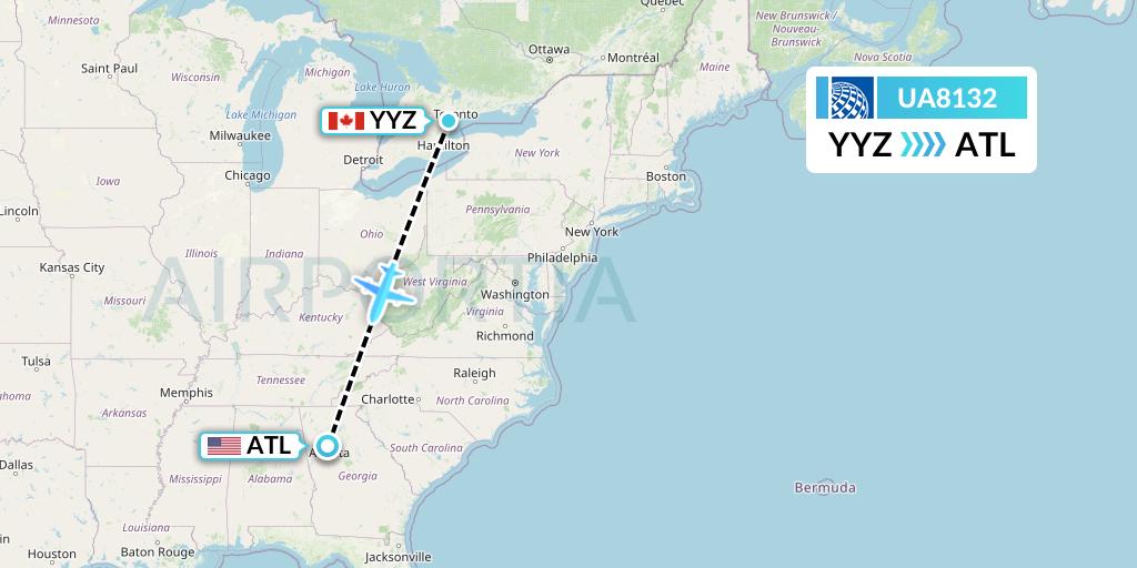 UA8132 United Airlines Flight Map: Toronto to Atlanta