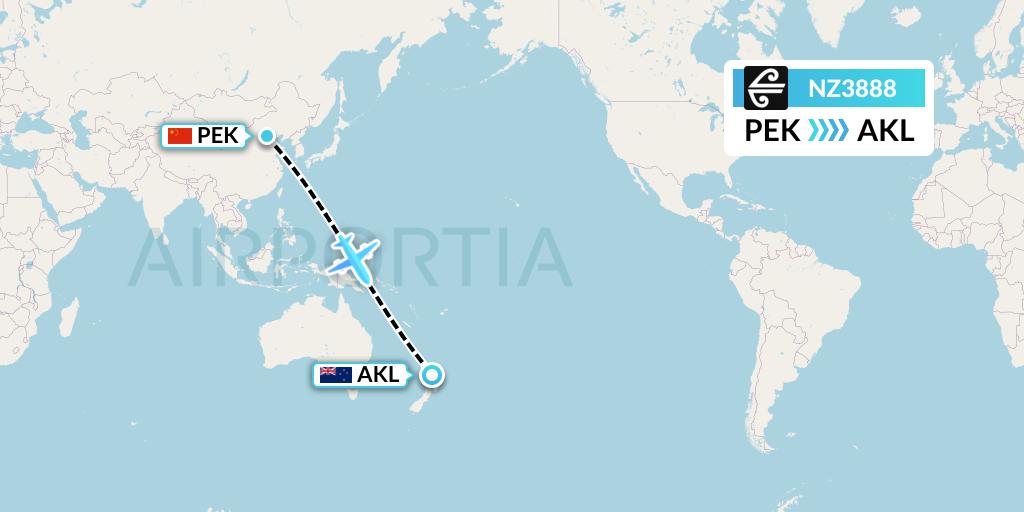 NZ3888 Air New Zealand Flight Map: Beijing to Auckland