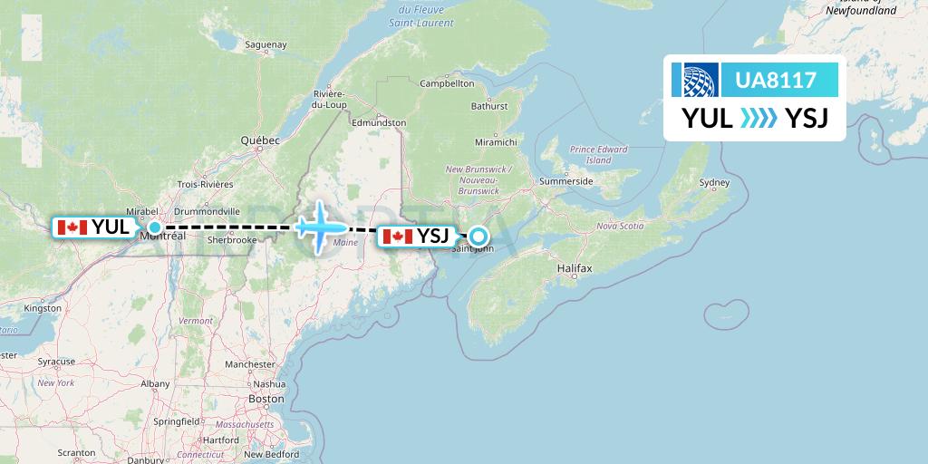 UA8117 United Airlines Flight Map: Montreal to Saint John