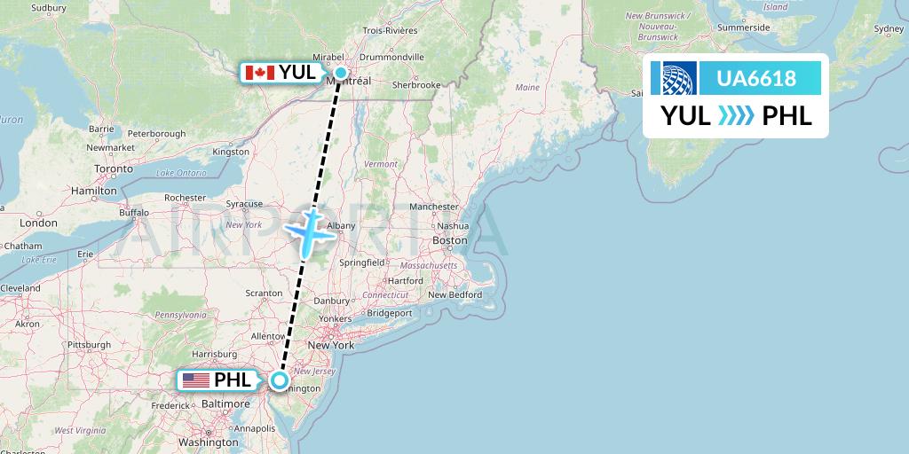 UA6618 United Airlines Flight Map: Montreal to Philadelphia
