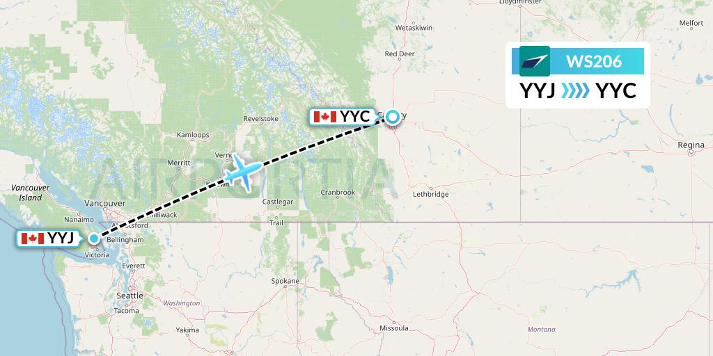 WS206 WestJet Flight Map: Victoria to Calgary