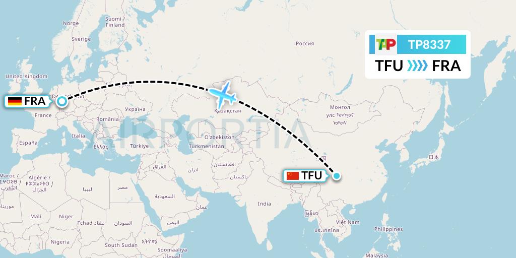 TP8337 TAP Portugal Flight Map: Chengdu to Frankfurt
