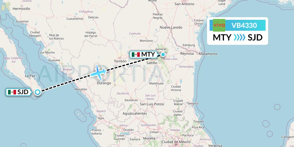 VB4330 VivaAerobus Flight Map: Monterrey to San Jose del Cabo